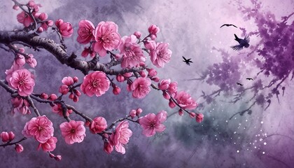 Cherry Blossom Scene With Birds Against Abstract Background
