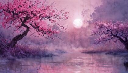 Serene Landscape With Cherry Blossoms Under Ethereal Lighting
