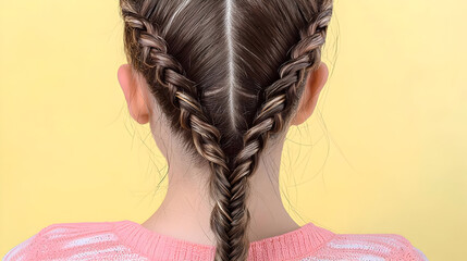 Double Dutch braids on a child's head.  Two thick braids,  braided down the back, starting from the temples