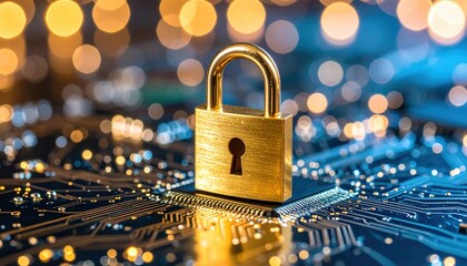 Close-up of a golden padlock on a circuit board, representing cybersecurity and data protection in technology.