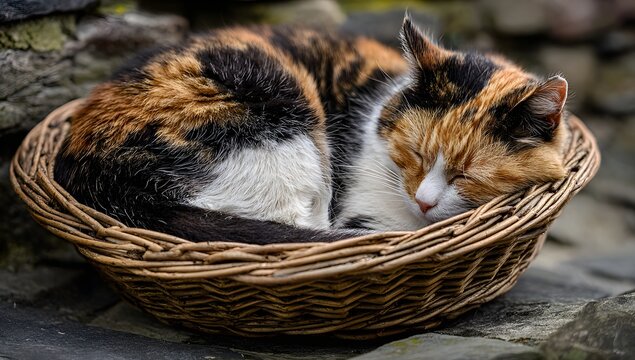 Cute calico cat sleeping in a wicker basket on stone pavement - Powered by Adobe