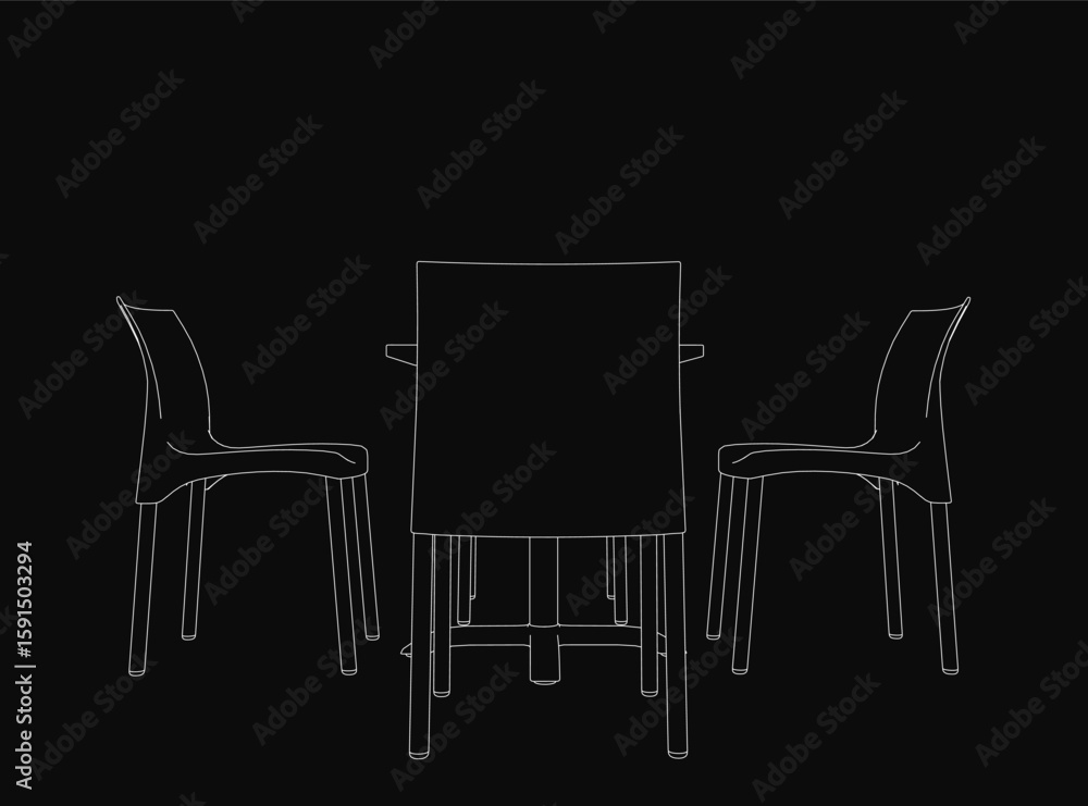 Poster a minimalist line drawing of a rectangular table with four legs and two curved-back chairs on a blac
