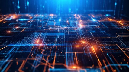 A digital landscape glows with electric circuits and flowing data streams. Illuminated lines traverse a dark, techy background - Powered by Adobe