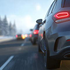 Naklejka premium Rear angle view of vehicles traveling on a highway