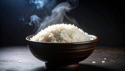 A close-up of steaming white rice in a rustic wooden bowl against a dark background, highlighting the texture and warmth.