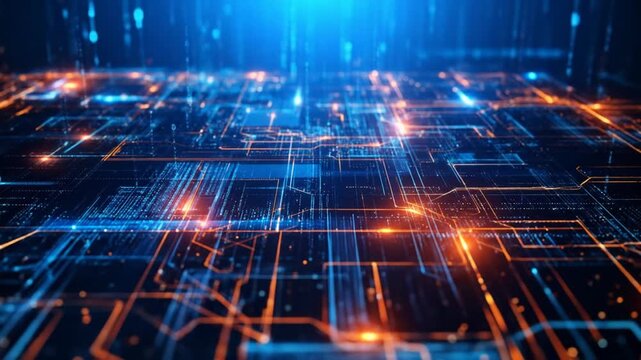 A digital landscape glows with electric circuits and flowing data streams. Illuminated lines traverse a dark, techy background