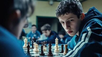 Intense Chess Match: Young Man's Focused Gaze and Strategic Thinking