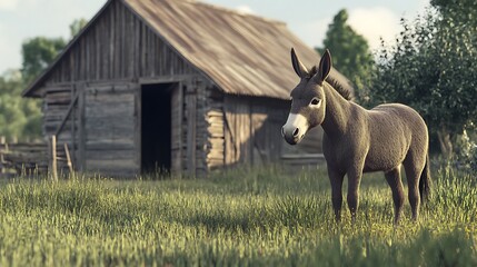 Donkey captured near aged wood barn exterior high resolution picture