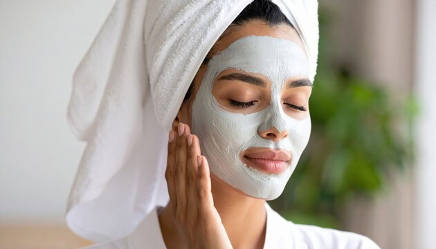 Woman with facial mask and towel on head, eyes closed, enjoying a relaxing skincare routine at home.