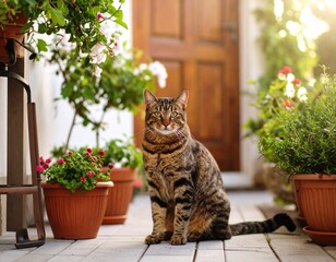 Adorable Tabby Cat Relaxing on Sunny Patio Surrounded by Blooming Potted Plants