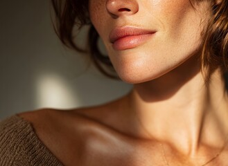 Woman showing smooth skin with freckles and sensual lips