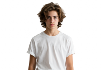 A young man with curly brown hair, wearing a white tshirt, looks directly at the camera with a serious expression isolated on transparent background