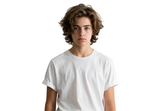 A young man with curly brown hair, wearing a white tshirt, looks directly at the camera with a serious expression isolated on transparent background - Powered by Adobe