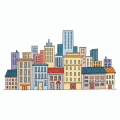 Fototapeta premium Colorful cartoon illustration of a city skyline featuring various buildings, skyscrapers, and houses against a white background.