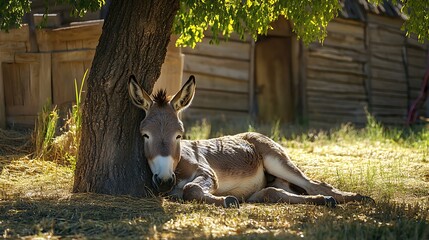 Donkey cuddled in sunlight on farm grass high resolution picture