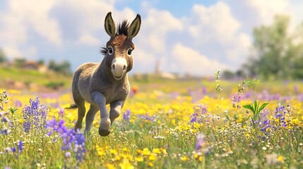 Donkey dashing across wildflower plain happily high resolution picture