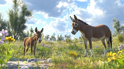 Donkey duo grazing in morning light high resolution picture