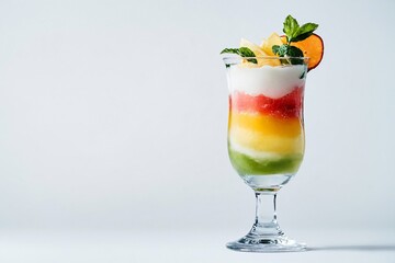 Layered frozen cocktail with fruits and mint on white background