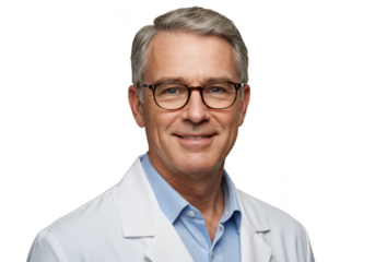 A confident middleaged doctor in a white coat and glasses smiles, isolated on transparent background