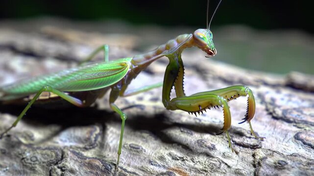 Close-up of a green praying mantis camouflaged on a piece of textured wood, showcasing its predatory stance.