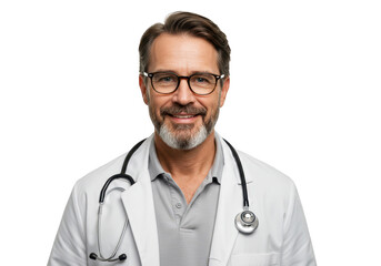 A smiling middleaged doctor with a beard and stethoscope wears glasses and a white coat, isolated on transparent background
