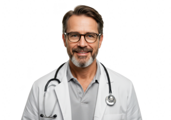 A smiling middleaged doctor with a beard and stethoscope wears glasses and a white coat, isolated on transparent background