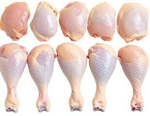 Raw Chicken Thighs and Drumsticks, Skin-On and Bone-In, Displayed on a Transparent Ba