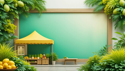 Vibrant fruit stall with yellow tent surrounded by lush greenery and a colorful backdrop, inviting atmosphere, copy space