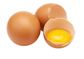 A closeup of two brown eggs, one of which is cracked open revealing a vibrant yellow yolk, isolated on a transparent background