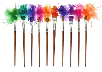 A collection of paint brushes with colorful watercolor splashes behind them, representing creativity and art, isolated on a transparent background