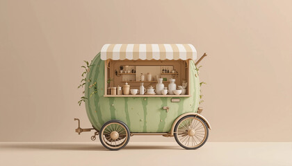 Whimsical watermelon cart with a striped canopy and interior goods, playful design, copy space
