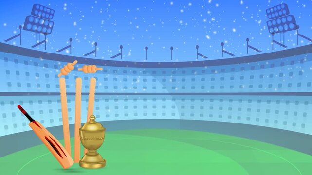 Cricket Trophy with Bat and Glowing Stadium Motion Background Video 