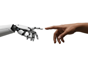 A robotic hand and a human hand reaching out to touch fingertips, symbolizing connection and technology, isolated on a transparent background
