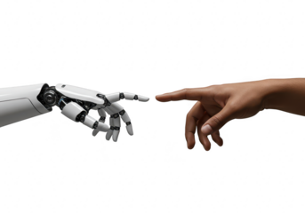 A robotic hand and a human hand reaching out to touch fingertips, symbolizing connection and technology, isolated on a transparent background
