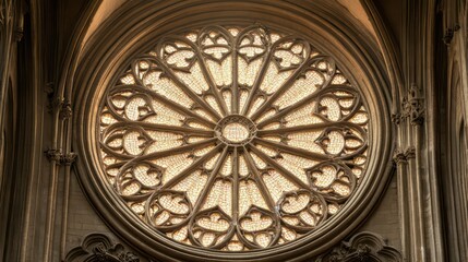 Magnificent Gothic Rose Window Illuminated by Sunlight in Ancient Cathedral