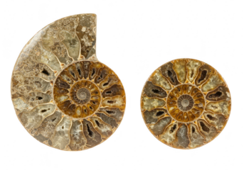 Two ammonite fossils showcasing their intricate spiral patterns and geological history isolated on transparent background