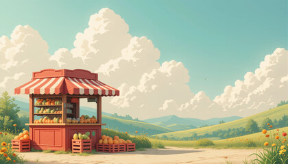 Charming fruit stall in a scenic landscape with mountains and clouds, vibrant colors, copy space