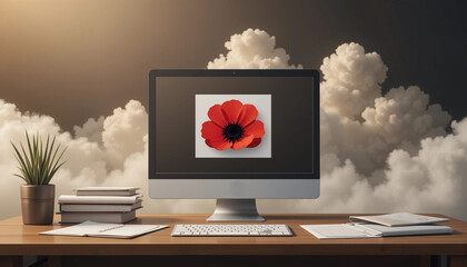 Computer monitor displaying a red poppy illustration in a stylish workspace with clouds, modern setup, copy space
