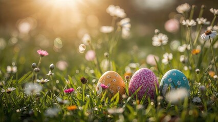 A collection of vibrantly decorated Easter eggs featuring floral designs rests gracefully in sunlit spring grass amidst a beautiful wildflower meadow