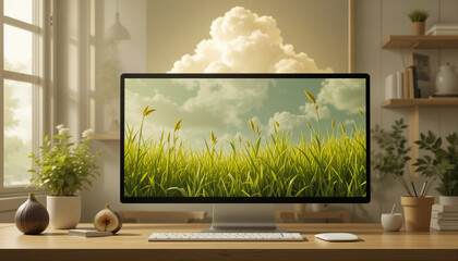 Computer monitor displaying grass and cloud scenery in a cozy workspace, modern arrangement, copy space