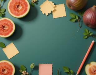 Sliced grapefruit and figs with colorful notes on a green backdrop, creative arrangement, copy space