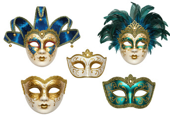 A collection of ornate venetian masks in various styles and colors, isolated on transparent background