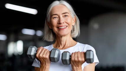 Senior woman exercising with dumbbells in gym - Powered by Adobe
