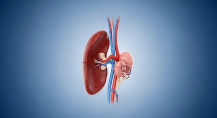 Detailed Medical Illustration of Human Kidney and Urinary System on Blue Background