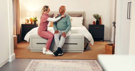 Nurse, support and clothes with old man in bedroom for dressing, advice and help. Getting ready,...