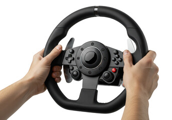 Hands gripping a racing steering wheel for a video game, isolated on transparent background