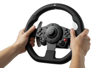 Hands gripping a racing steering wheel for a video game, isolated on transparent background