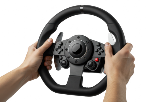 Hands gripping a racing steering wheel for a video game, isolated on transparent background