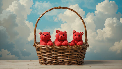 Cute red bear-shaped figures in a wicker basket against a cloudy sky, playful arrangement, copy space