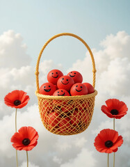 Smiling red ball-shaped figures in a yellow basket with poppy flowers, cheerful arrangement, copy space
